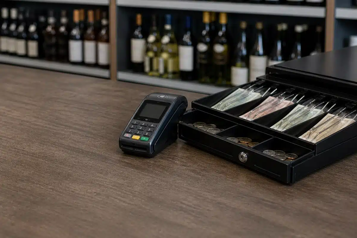 liquor-store-counter-cash-drawer Open cash register drawer and card terminal on a liquor store counter